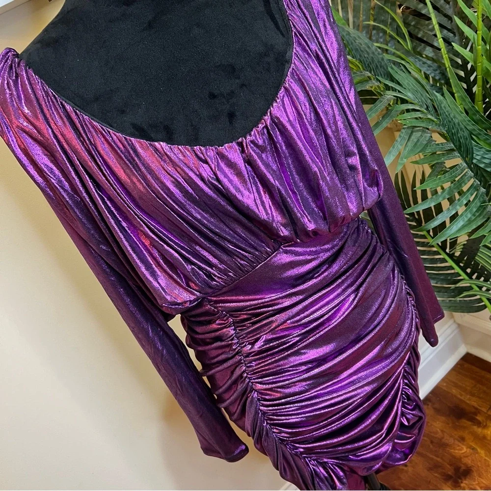 Express Metallic Purple V-Neck Long Sleeve Ruched Mini Sheath Dress Medium - Picture 4 of 9